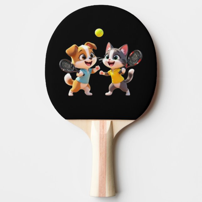 Cute Cartoon Dog and Cat Playing Padel Tennis – Fu Ping Pong Paddle (Front)