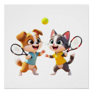 Cute Cartoon Dog and Cat Playing Padel Tennis – Fu Poster