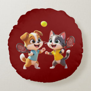 Cute Cartoon Dog and Cat Playing Padel Tennis – Fu Round Cushion