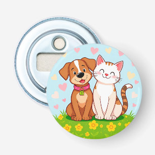 Cute Cartoon Dog and Cat Sitting Together Bottle Opener