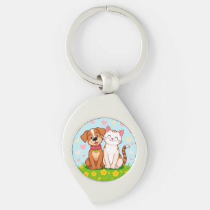 Cute Cartoon Dog and Cat Sitting Together Key Ring