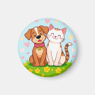Cute Cartoon Dog and Cat Sitting Together Magnet