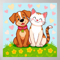 Cute Cartoon Dog and Cat Sitting Together