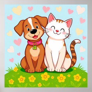 Cute Cartoon Dog and Cat Sitting Together Poster
