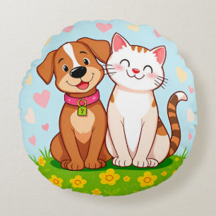 Cute Cartoon Dog and Cat Sitting Together Round Cushion