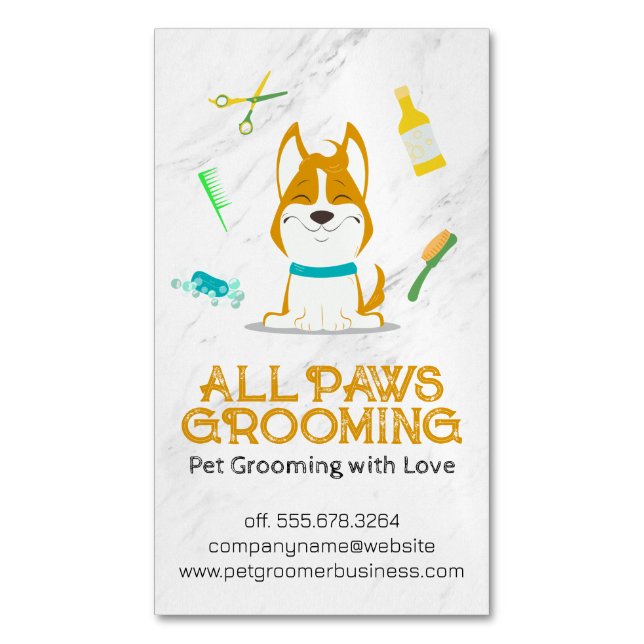 Cute Cartoon Dog and Grooming Tools Magnetic Business Card (Front Vertical)