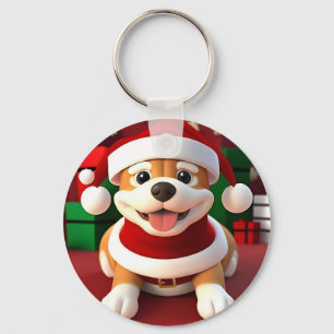 Cute Cartoon Dog in Santa Outfit Key Ring