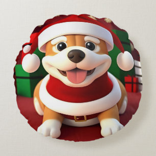 Cute Cartoon Dog in Santa Outfit  Round Cushion