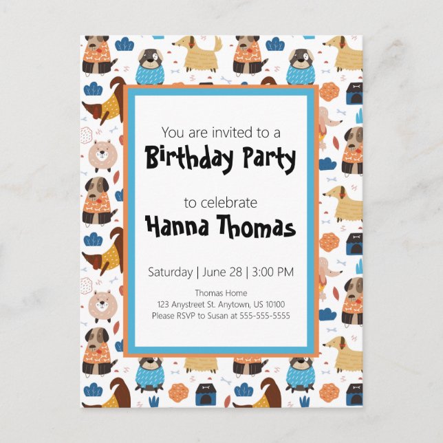 Cute Cartoon Dog Theme Birthday Party Invitation Postcard (Front)