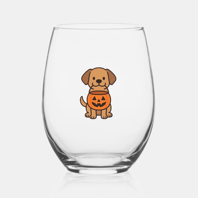 Cute Cartoon Dog Trick-or-Treating Classic T-Shirt Stemless Wine Glass (Front)