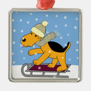 Cute Cartoon Dog w Sled Premium Square Ornament
