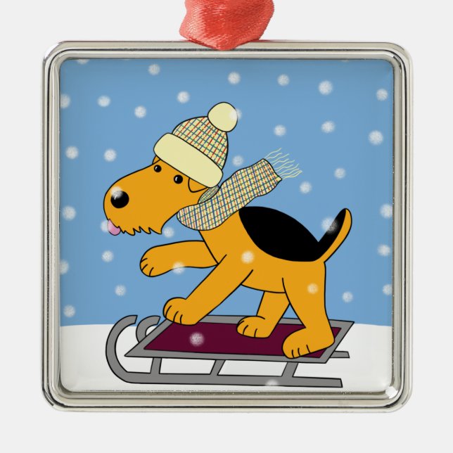 Cute Cartoon Dog w Sled Premium Square Ornament (Front)