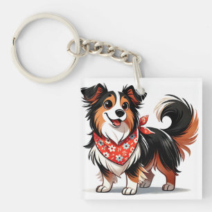 Cute Cartoon Dog Wearing a Floral Bandanna Key Ring