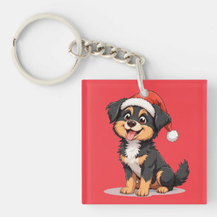 Cute Cartoon Dog Wearing a Santa Hat Key Ring