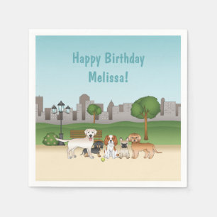 Cute Cartoon Dogs In A Park Happy Birthday Napkin