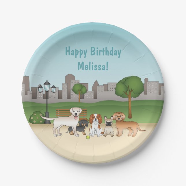 Cute Cartoon Dogs In A Park Happy Birthday Paper Plate (Front)