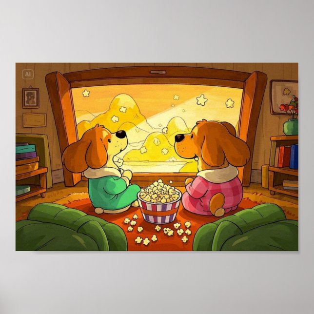 Cute cartoon dogs popcorn and movie  poster (Front)