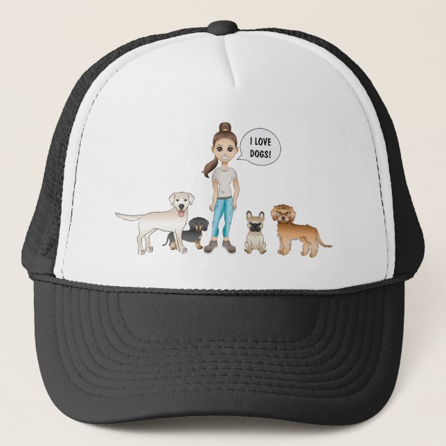 Cute Cartoon Dogs With A Cartoon Girl I Love Dogs Trucker Hat (Front)
