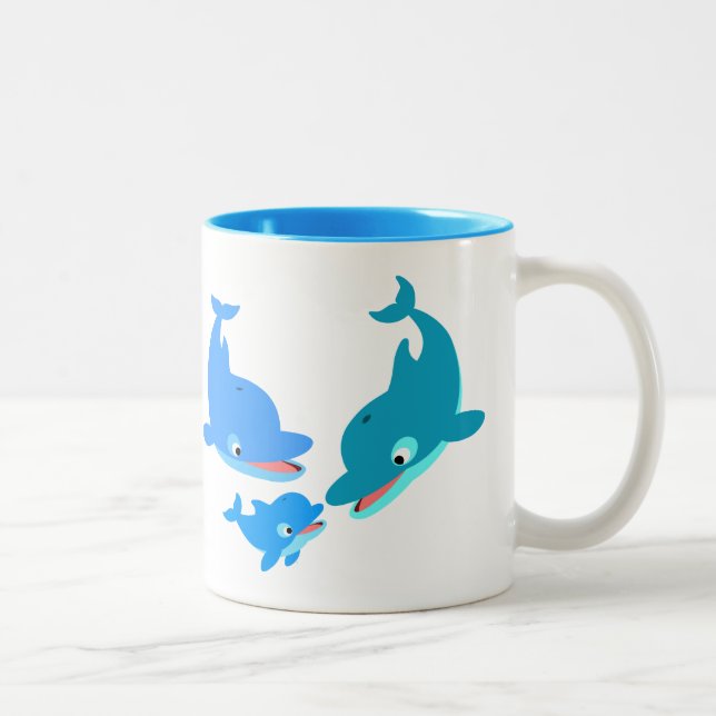 Cute Cartoon Dolphin Family Two-Tone Coffee Mug (Right)