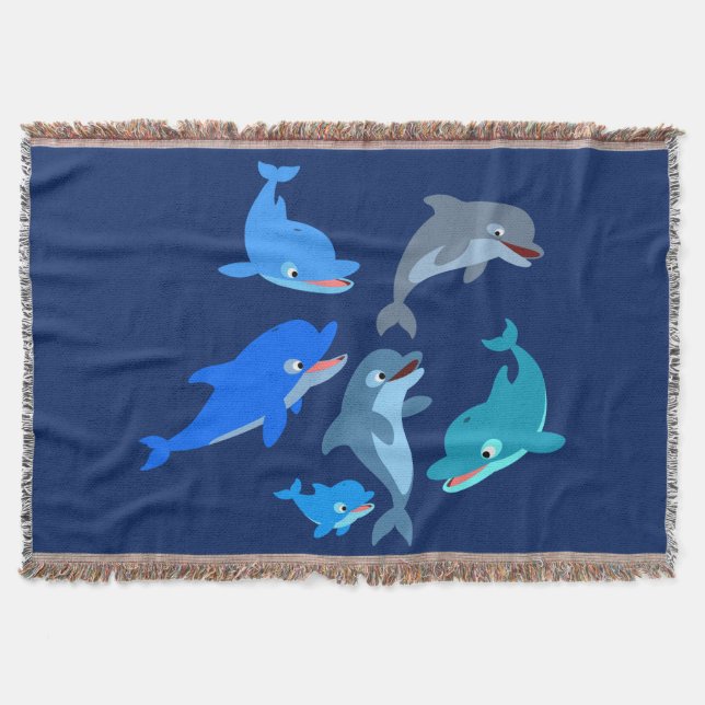 Cute Cartoon Dolphin Pod Throw Blanket (Front)