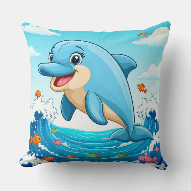 Cute Cartoon Dolphin Splashing in Water Cushion (Front)