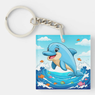 Cute Cartoon Dolphin Splashing in Water Key Ring