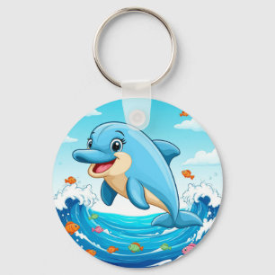 Cute Cartoon Dolphin Splashing in Water Key Ring
