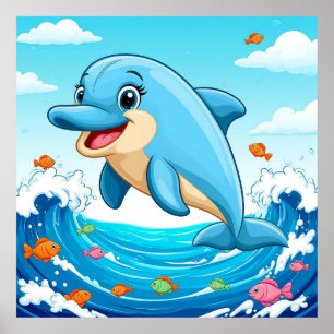 Cute Cartoon Dolphin Splashing in Water Poster