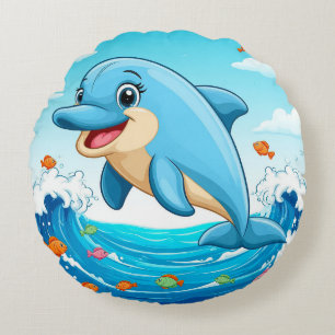 Cute Cartoon Dolphin Splashing in Water Round Cushion