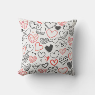 Cute Cartoon doodle hearts pattern red and black Cushion