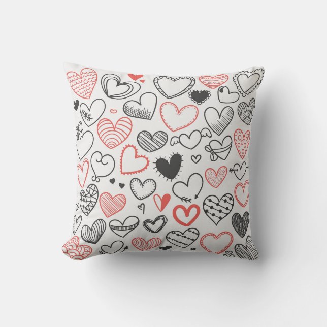 Cute Cartoon doodle hearts pattern red and black Cushion (Front)