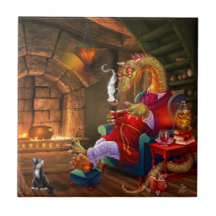 Cute Cartoon Dragon by a Fireplace Tile