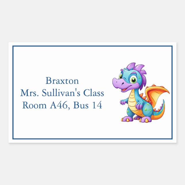Cute Cartoon Dragon Kid's Nametag Rectangular Sticker (Front)
