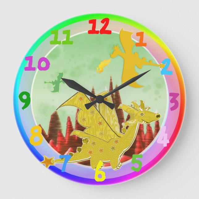 Cute Cartoon Dragon Rainbow Colours Large Clock (Front)