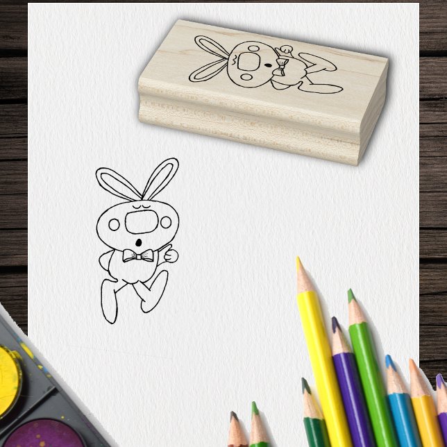 Cute Cartoon Drawing Thumbs Up Bunny Bow Tie Rubber Stamp (Fun Cartoon rabbit thumbs up big nose bow tie on crafting rubber stamp.)