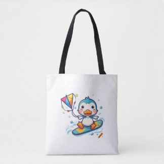 "Cute Cartoon Duckling Kiteboarding - White Backgr Tote Bag