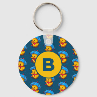 Cute Cartoon Ducks Under Umbrellas Monogram Key Ring