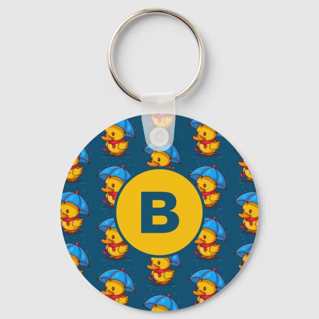 Cute Cartoon Ducks Under Umbrellas Monogram Key Ring (Front)