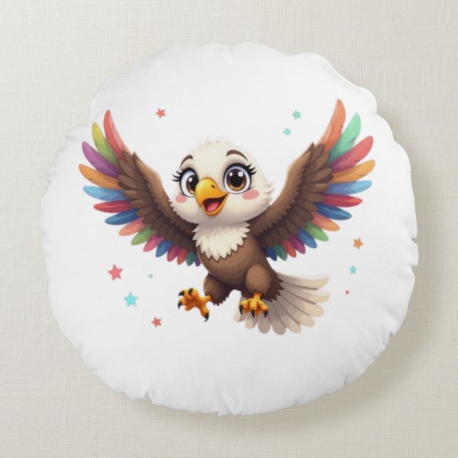 Cute Cartoon Eagle Flying – Friendly Vector Art Round Cushion (Front)