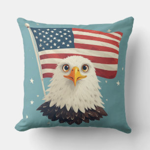 Cute Cartoon Eagle Head with Waving American Flag Cushion