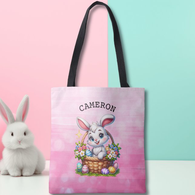 Cute Cartoon Easter Bunny in a Basket Personalised Tote Bag (Creator Uploaded)