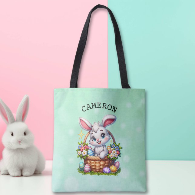 Cute Cartoon Easter Bunny in a Basket Personalised Tote Bag (Creator Uploaded)
