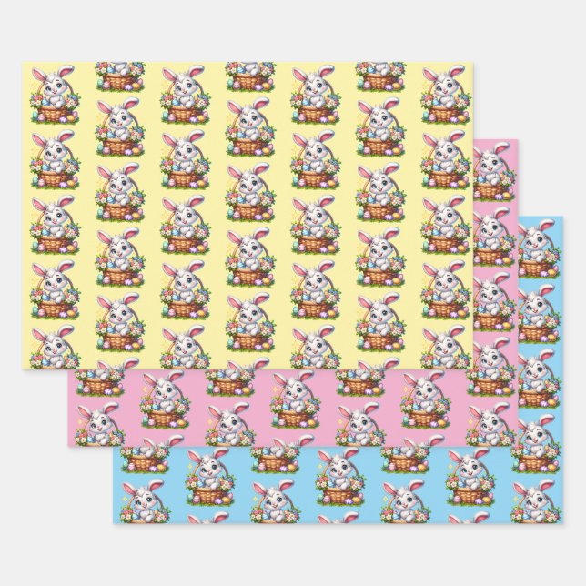 Cute Cartoon Easter Bunny in a Basket  Wrapping Paper Sheet (Set)