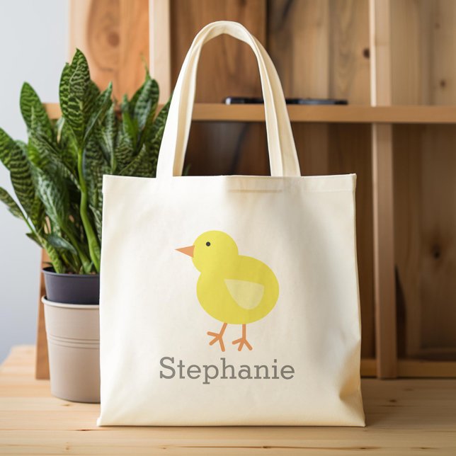 Cute Cartoon Easter Chick with Custom Name Tote Bag (Custom Tote Bag)