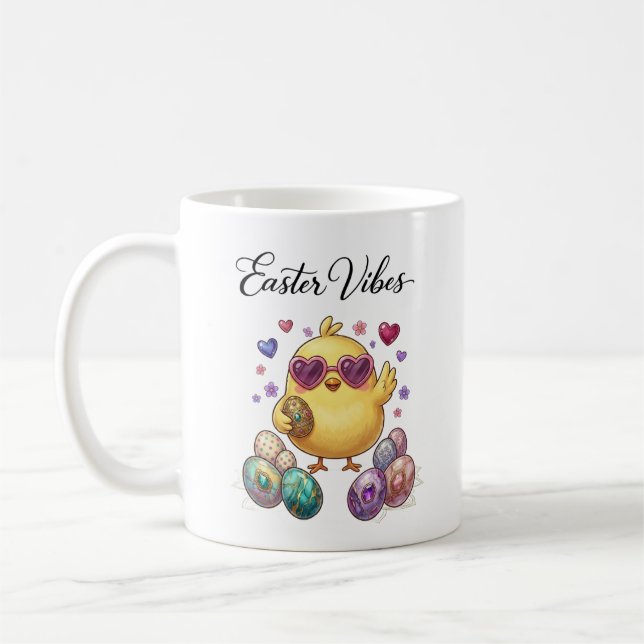 Cute Cartoon Easter Chick with Pastel Eggs Heart Coffee Mug (Left)