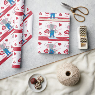 Cute Cartoon Elephant and Heart Pattern  Wrapping Paper