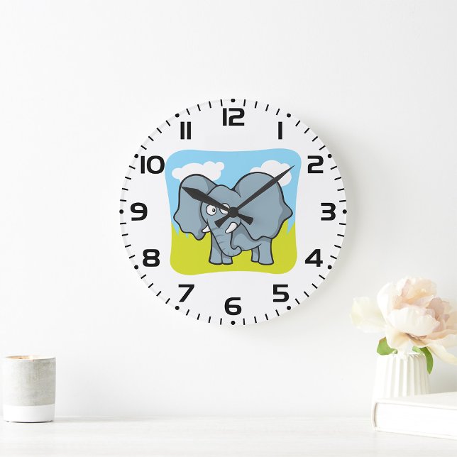 Cute Cartoon Elephant Fun Jungle Animal  Large Clock (Creator Uploaded)