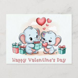 Cute Cartoon Elephant Lover Heart Valentines Day  Postcard