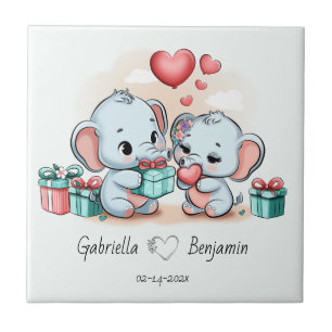 Cute Cartoon Elephant Lover Heart Valentines Day Tile