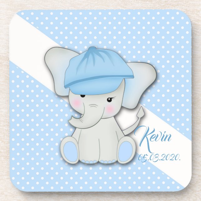 Cute cartoon elephant on a blue background coaster (Front)